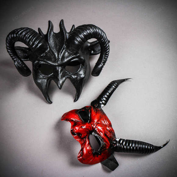 Devil Ram Horns Black w/ Bloody Red Goblin Devil Long Horns Halloween Masquerade - Picture 1 of 3